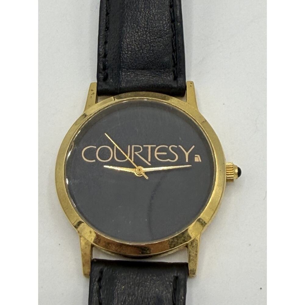 Vintage Promo “Courtesy” Quartz Wrist Watch W/ Black Leather Band Needs Battery